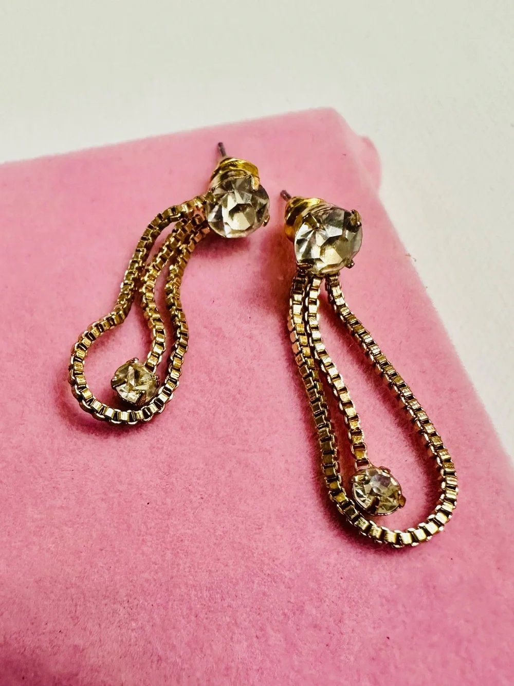 Gold Tone Rhinestone Teardrop Dangle Earrings - Picture 2 of 2